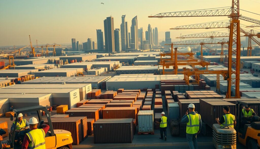 A bustling industrial landscape, conveying the dynamic growth of the supply chain industry in Egypt and Saudi Arabia. In the foreground, workers in hard hats and high-visibility vests move cargo containers with forklifts and cranes, their expressions focused and determined. The middle ground features sprawling warehouses and distribution centers, their facades adorned with company logos. In the background, towering skyscrapers and modern infrastructure symbolize the region's economic development. Warm, golden lighting casts a sense of productivity and progress, while the composition emphasizes the scale and interconnectedness of the supply chain operations. An aerial, cinematic perspective captures the industry's strategic importance and future potential.