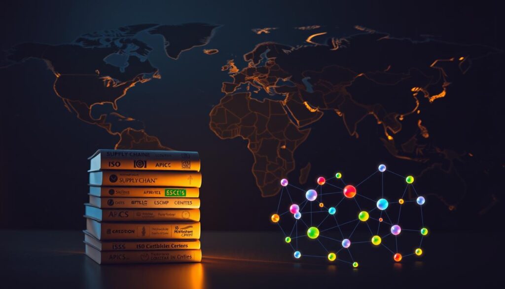 A dimly lit global map, its continents and oceans rendered in muted tones, serves as the backdrop. In the foreground, a stack of international supply chain certification logos - ISO, APICS, CSCMP, and others - stand out in a warm, golden light, casting subtle shadows. The middle ground features a stylized network of interconnected supply chain nodes, represented by glowing orbs in various colors, symbolizing the global reach and integration of certified logistics systems. The overall atmosphere conveys a sense of authority, expertise, and the strategic importance of supply chain certifications in the MENA region.
