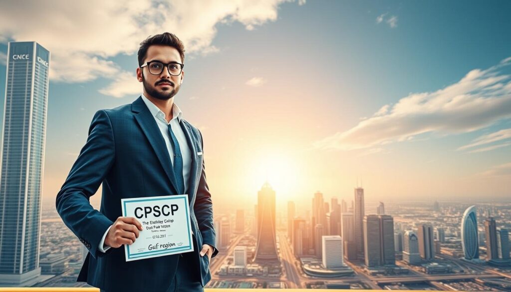 A dynamic career transformation depicted through a captivating Stable Diffusion image. In the foreground, a professional stands confidently, their CPSCP certification prominently displayed, symbolizing their newfound expertise. The middle ground showcases a bustling Gulf region cityscape, its towering skyscrapers and thriving economy reflecting the region's growth and opportunities. In the background, a warm, golden-hued lighting casts an aspirational glow, conveying the sense of achievement and growth that the CPSCP certification has unlocked. The overall scene evokes a narrative of professional empowerment, regional prosperity, and the transformative power of specialized certification.