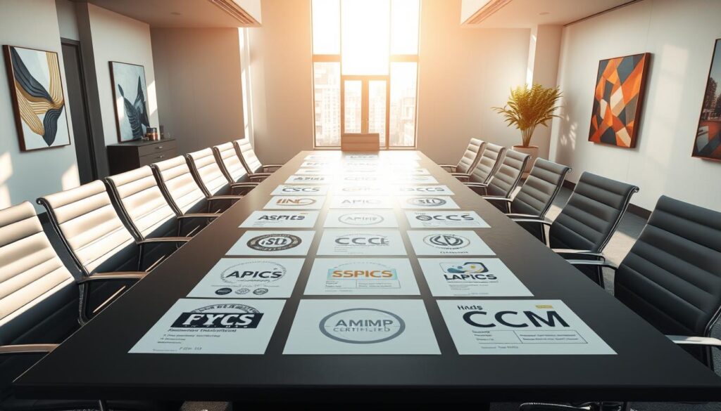 A sleek, modern office interior with a large conference table. The table is covered with various international certification documents, including ISO, APICS, and CSCMP logos, conveying the importance of global supply chain standards. Sunlight streams in through floor-to-ceiling windows, casting a warm glow on the scene. Minimalist, high-quality office chairs surround the table, suggesting a professional, forward-thinking atmosphere. The walls are adorned with abstract art pieces, hinting at the multinational, cross-cultural nature of international supply chain management. The overall mood is one of authority, competence, and global connectivity.